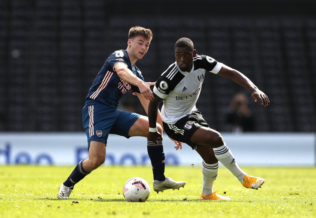 LONDON, ENGLAND - SEPTEMBER 12: Ivan Cavaleiro of Fulham is challenged by Kieran Tierney of Arsenal during the Premier League match between Fulham and Arsenal at Craven Cottage on September 12, 2020 in London, England. (Photo by Paul Childs - Pool/Getty Images)