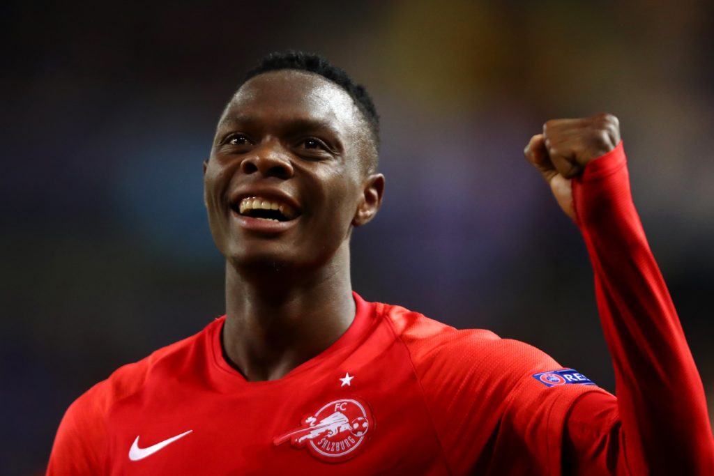 GENK, BELGIUM - NOVEMBER 27: Patson Daka of RB Salzburg celebrates scoring a goal of the game during the UEFA Champions League group E match between KRC Genk and RB Salzburg at Luminus Arena on November 27, 2019 in Genk, Belgium. (Photo by Dean Mouhtaropoulos/Getty Images)