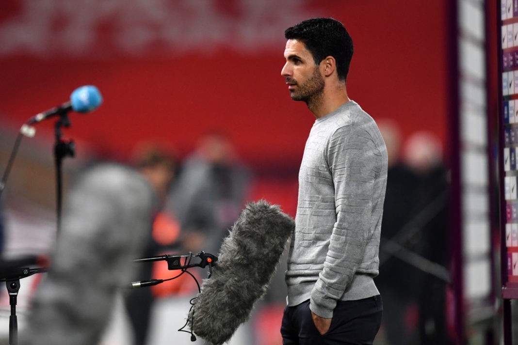 LIVERPOOL, ENGLAND - SEPTEMBER 28: Mikel Arteta, Manager of Arsenal is interviewed following his sides defeat in the Premier League match between Liverpool and Arsenal at Anfield on September 28, 2020 in Liverpool, England. Sporting stadiums around the UK remain under strict restrictions due to the Coronavirus Pandemic as Government social distancing laws prohibit fans inside venues resulting in games being played behind closed doors. (Photo by Paul Ellis - Pool/Getty Images)