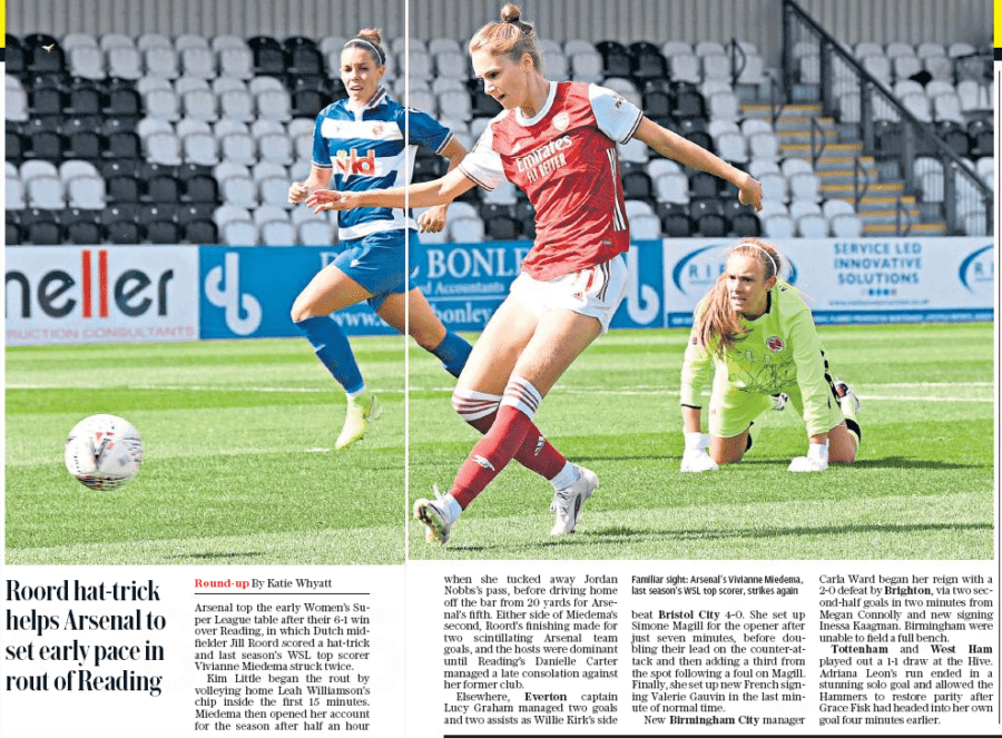 'Roord hat-trick heps Arsenal to set early pace in rout of Reading' Daily Telegraph 7 September 2020