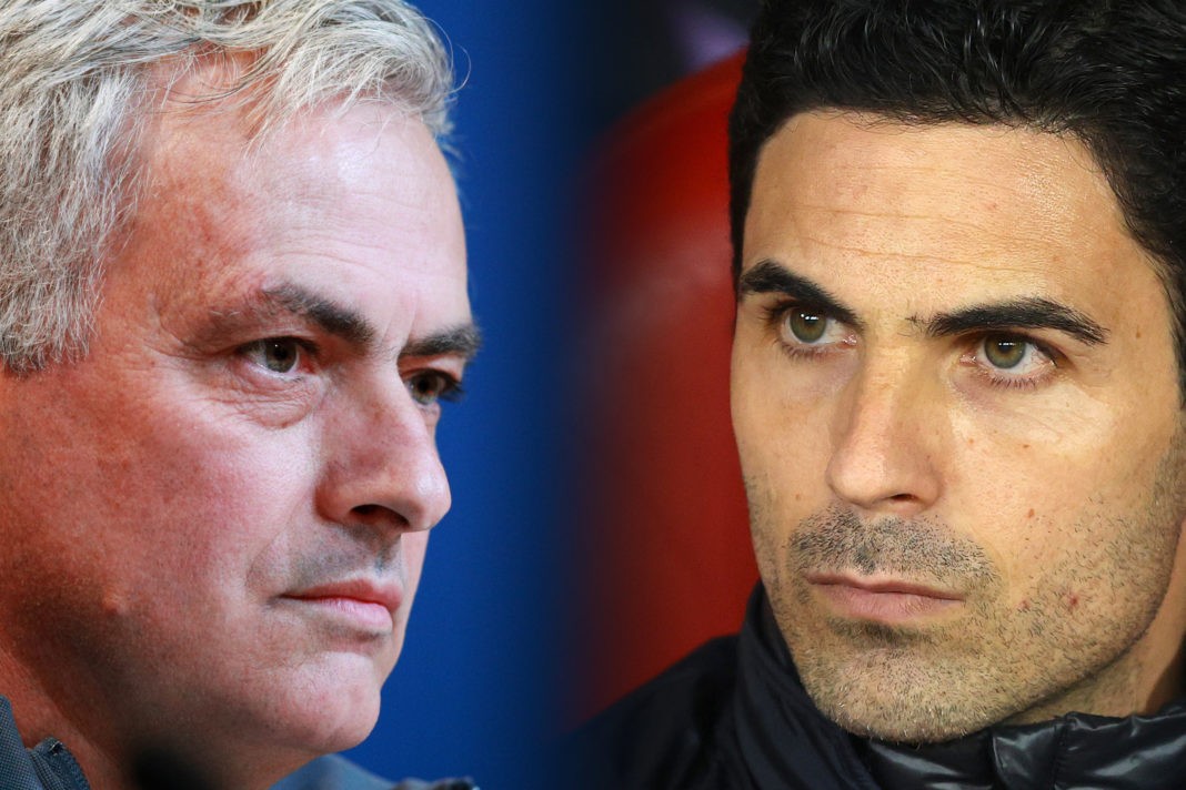 FILE PHOTO (EDITORS NOTE: COMPOSITE OF IMAGES - Image numbers 1193147331, 1207576912 - GRADIENT ADDED) In this composite image a comparison has been made between Jose Mourinho, head coach of Tottenham Hotspur (L) and Mikel Arteta, Manager of Arsenal. Tottenham Hotspur and Arsenal meet in a Premier League match on July 12,2020 at the Tottenham Hotspur Stadium in London,England. ***LEFT IMAGE*** MUNICH, GERMANY - DECEMBER 10: Jose Mourinho, head coach of Tottenham Hotspur, looks on during a press conference at Allianz Arena on December 10, 2019 in Munich, Germany. Tottenham Hotspur will face FC Bayern Muenchen during the UEFA Champions League group B match on December 11, 2019. (Photo by Adam Pretty/Bongarts/Getty Images) ***RIGHT IMAGE*** PIRAEUS, GREECE - FEBRUARY 20: Mikel Arteta, Manager of Arsenal looks on prior to the UEFA Europa League round of 32 first leg match between Olympiacos FC and Arsenal FC at Karaiskakis Stadium on February 20, 2020 in Piraeus, Greece. (Photo by Richard Heathcote/Getty Images)
