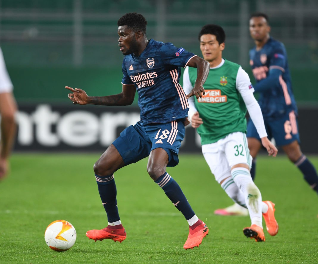 VIENNA, AUSTRIA: Thomas Partey of Arsenal with the ball during the UEFA Europa League Group B stage match between Rapid Wien and Arsenal FC at Allianz Stadion on October 22, 2020 in Vienna, Austria. (Photo via Stuart MacFarlane on Twitter)
