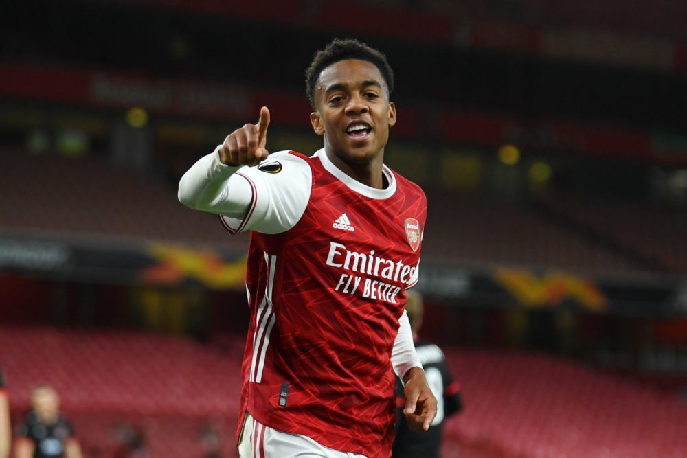 LONDON, ENGLAND: Joe Willock of Arsenal celebrates after scoring his team's second goal during the UEFA Europa League Group B stage match between Arsenal FC and Dundalk FC at Emirates Stadium on October 29, 2020. (Photo by Mike Hewitt/Getty Images)