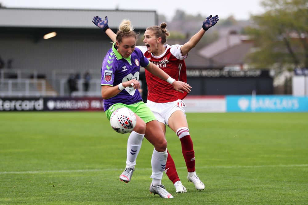 BOREHAMWOOD, ENGLAND - OCTOBER 04: Vivanne Miedema of Arsenal FC reacts towards the match referee appealing for a hand ball after a collision with Amy Palmer of Bristol City during the Barclays FA Women's Super League match between Arsenal and Bristol City at Meadow Park on October 04, 2020 in Borehamwood, England. Sporting stadiums around the UK remain under strict restrictions due to the Coronavirus Pandemic as Government social distancing laws prohibit fans inside venues resulting in games being played behind closed doors. (Photo by Kate McShane/Getty Images)