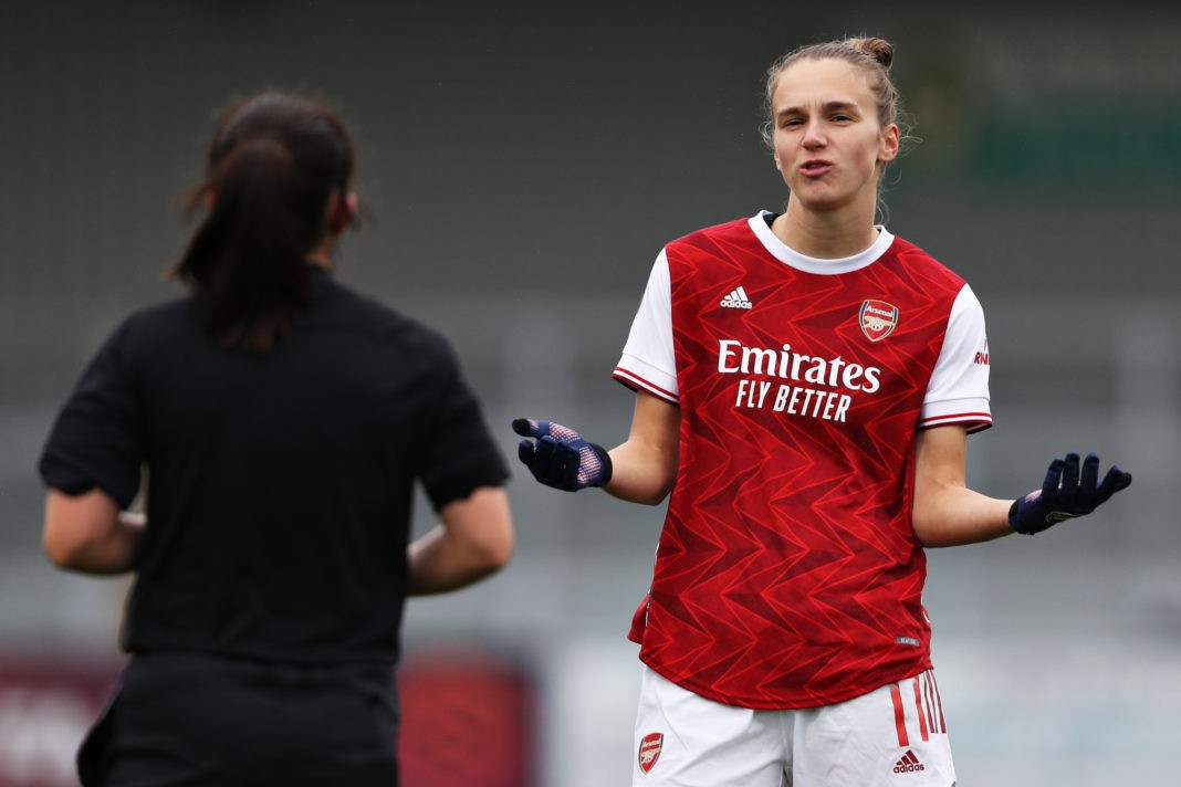 BOREHAMWOOD, ENGLAND - OCTOBER 04: Vivanne Miedema of Arsenal FC speaks with match referee Emily Heaslip during the Barclays FA Women's Super League match between Arsenal and Bristol City at Meadow Park on October 04, 2020 in Borehamwood, England. Sporting stadiums around the UK remain under strict restrictions due to the Coronavirus Pandemic as Government social distancing laws prohibit fans inside venues resulting in games being played behind closed doors. (Photo by Kate McShane/Getty Images)