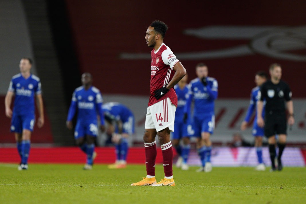 LONDON, ENGLAND: Pierre-Emerick Aubameyang of Arsenal looks dejected after conceding their sides first goal during the Premier League match between Arsenal and Leicester City at Emirates Stadium on October 25, 2020. (Photo by Will Oliver - Pool/Getty Images)