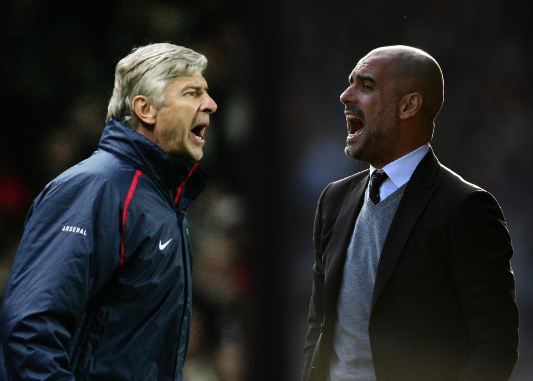 FILE PHOTO (EDITORS NOTE: GRADIENT ADDED - COMPOSITE OF TWO IMAGES - Image numbers (L) 72336772 and 642590956) In this composite image a comparision has been made between Arsene Wenger, Manager of Arsenal and Josep Guardiola, Manager of Manchester City. Arsenal and Manchester City meet in a Premier League match on April 2, 2017 at the Emirates Stadium in London. ***LEFT IMAGE*** LONDON - NOVEMBER 01: Arsene Wenger the Arsenal Manager shouts instructions from the touchline during the UEFA Champions League Group G match between Arsenal and CSKA Moscow at The Emirates Stadium on November 1, 2006 in London, England. (Photo by Phil Cole/Getty Images) ***RIGHT IMAGE*** HUDDERSFIELD, ENGLAND - FEBRUARY 18: Josep Guardiola, Manager of Manchester City gives his team instructions during The Emirates FA Cup Fifth Round match between Huddersfield Town and Manchester City at John Smith's Stadium on February 18, 2017 in Huddersfield, England. (Photo by Gareth Copley/Getty Images)
