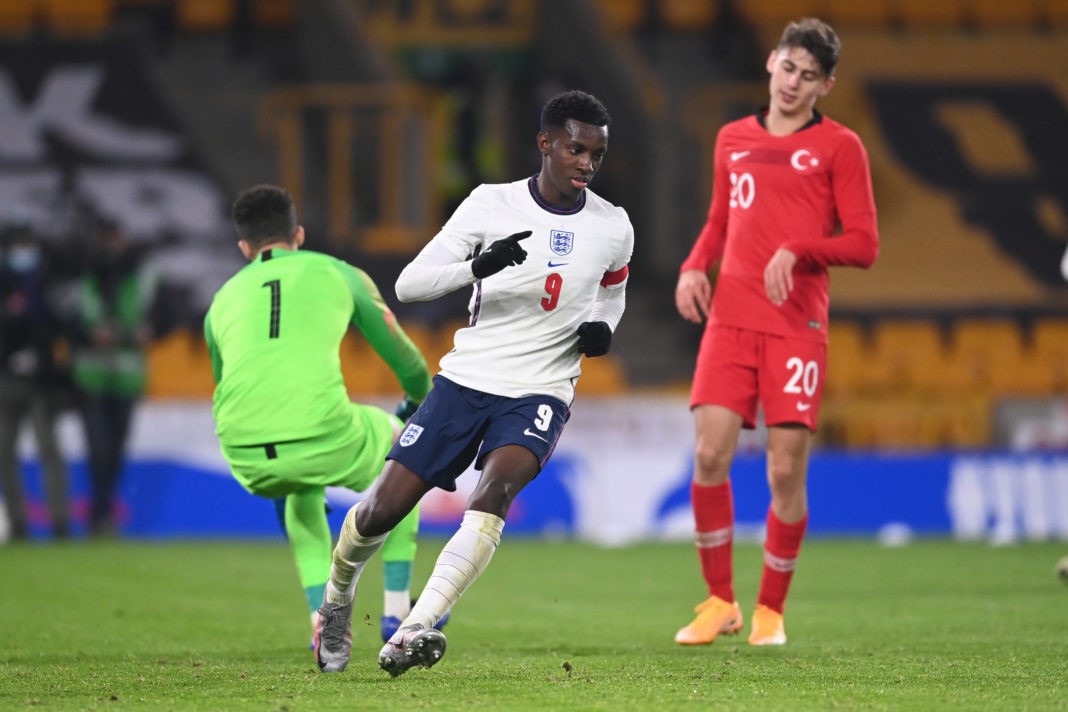 WOLVERHAMPTON, ENGLAND - OCTOBER 13: Eddie Nketiah of England celebrates scoring to make it 2-0 during the UEFA Euro Under 21 Qualifier match between England U21 and Turkey U21 at Molineux on October 13, 2020 in Wolverhampton, England. Sporting stadiums around the UK remain under strict restrictions due to the Coronavirus Pandemic as Government social distancing laws prohibit fans inside venues resulting in games being played behind closed doors. (Photo by Laurence Griffiths/Getty Images)