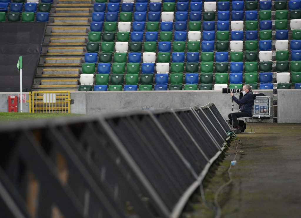 BELFAST, NORTHERN IRELAND: Photographers are also made to socially distance during the Irish Cup Final at Windsor Park on July 31, 2020 in Belfast, Northern Ireland. (Photo by Charles McQuillan/Getty Images)