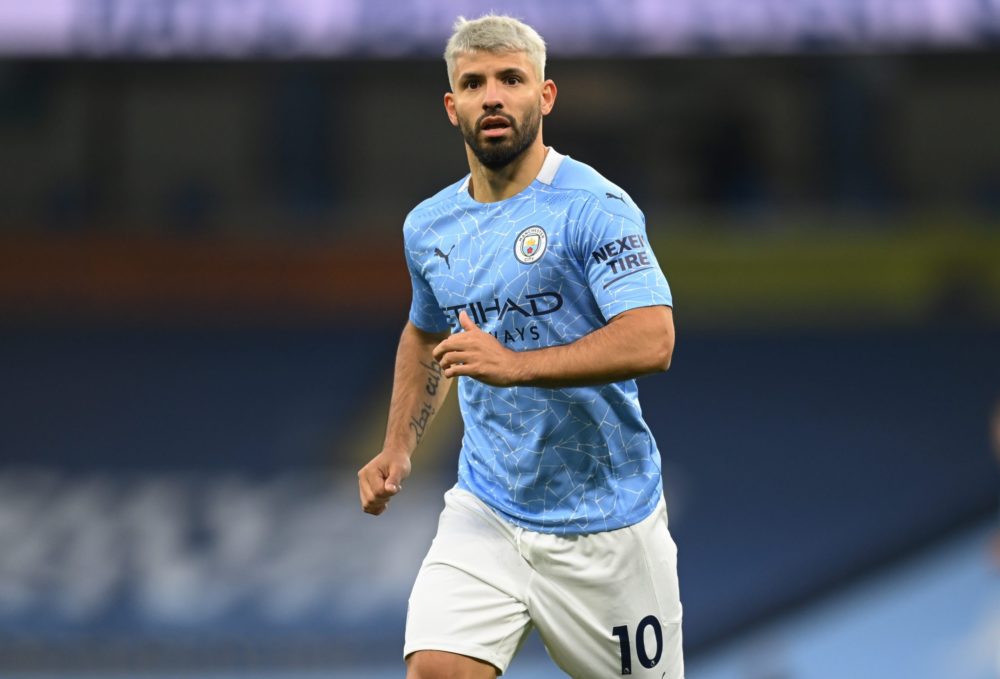 MANCHESTER, ENGLAND - OCTOBER 17: Sergio Aguero of Manchester City in action during the Premier League match between Manchester City and Arsenal at Etihad Stadium on October 17, 2020 in Manchester, England. Sporting stadiums around the UK remain under strict restrictions due to the Coronavirus Pandemic as Government social distancing laws prohibit fans inside venues resulting in games being played behind closed doors. (Photo by Michael Regan/Getty Images)