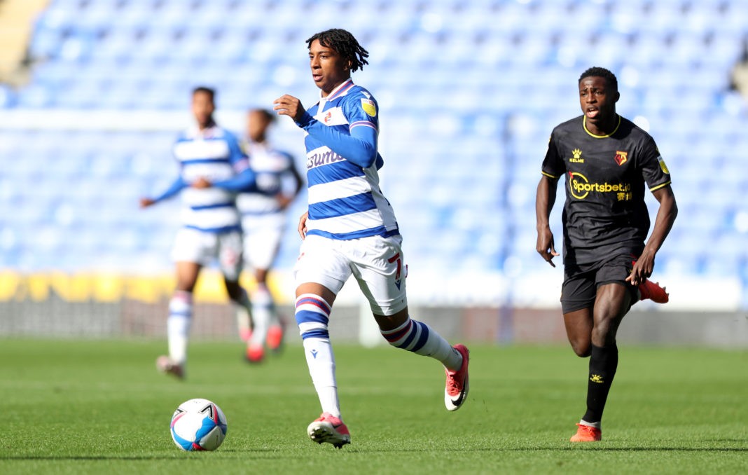 READING, ENGLAND - OCTOBER 03: Michael Olise of Reading runs with the ball during the Sky Bet Championship match between Reading and Watford at Madejski Stadium on October 03, 2020 in Reading, England. Sporting stadiums around the UK remain under strict restrictions due to the Coronavirus Pandemic as Government social distancing laws prohibit fans inside venues resulting in games being played behind closed doors. (Photo by Naomi Baker/Getty Images)