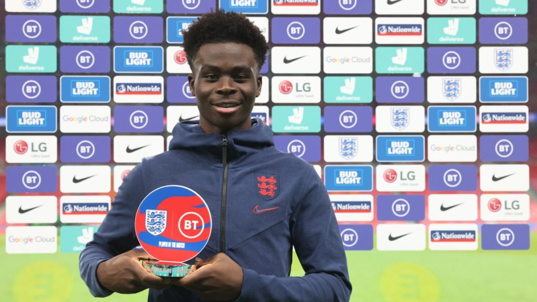 Bukayo Saka with the Player of the Match award (Photo via England on Twitter)
