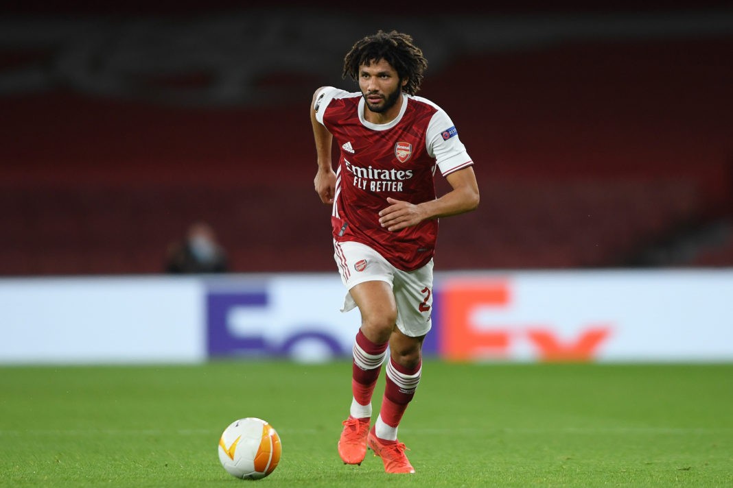 LONDON, ENGLAND - OCTOBER 29: Mohamed Elneny of Arsenal in action during the UEFA Europa League Group B stage match between Arsenal FC and Dundalk FC at Emirates Stadium on October 29, 2020 in London, England. Sporting stadiums around the UK remain under strict restrictions due to the Coronavirus Pandemic as Government social distancing laws prohibit fans inside venues resulting in games being played behind closed doors. (Photo by Mike Hewitt/Getty Images)