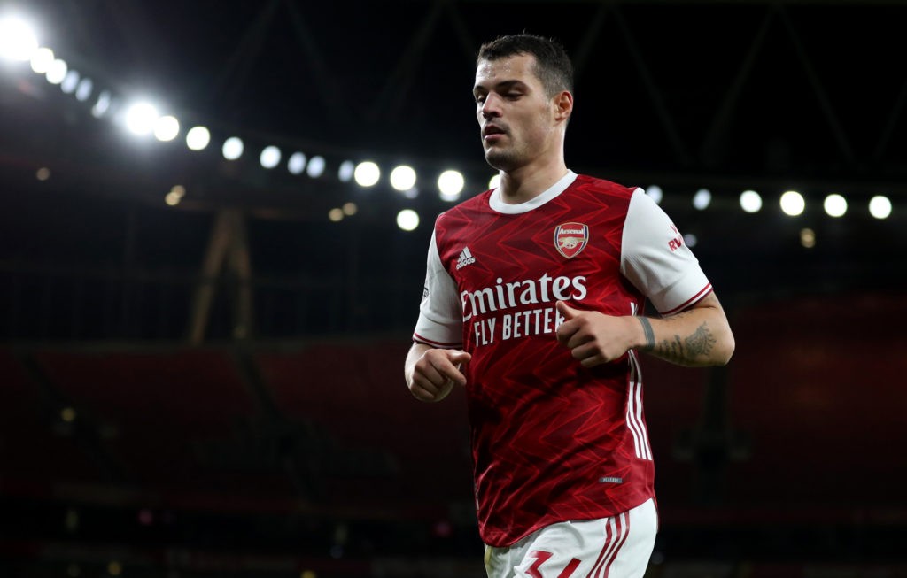 LONDON, ENGLAND: Granit Xhaka of Arsenal during the Premier League match between Arsenal and Leicester City at Emirates Stadium on October 25, 2020. (Photo by Catherine Ivill/Getty Images)
