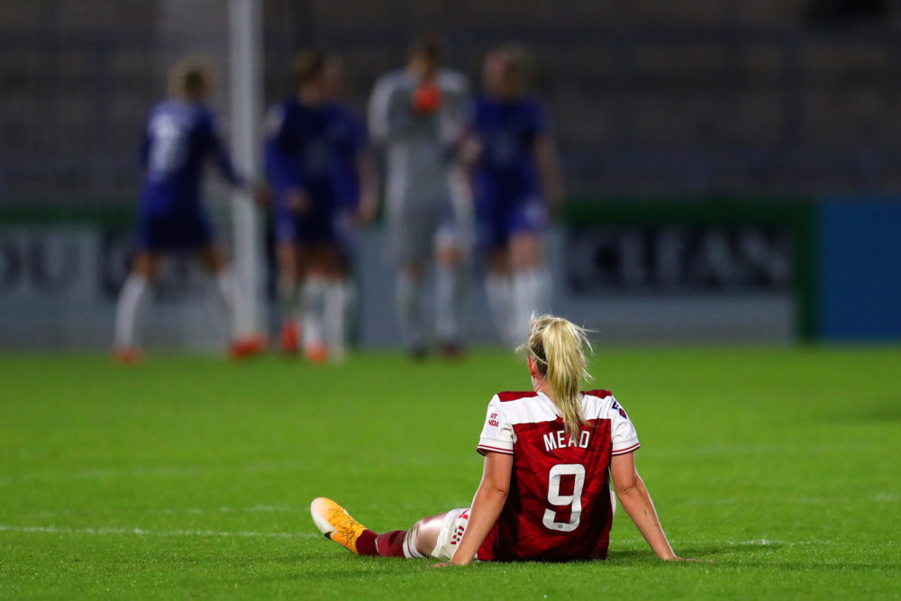 BOREHAMWOOD, ENGLAND - NOVEMBER 15: Beth Mead of Arsenal looks dejected following their draw in the Barclays FA Women's Super League match between Arsenal Women and Chelsea Women at Meadow Park on November 15, 2020 in Borehamwood, England. Sporting stadiums around the UK remain under strict restrictions due to the Coronavirus Pandemic as Government social distancing laws prohibit fans inside venues resulting in games being played behind closed doors. (Photo by Catherine Ivill/Getty Images)