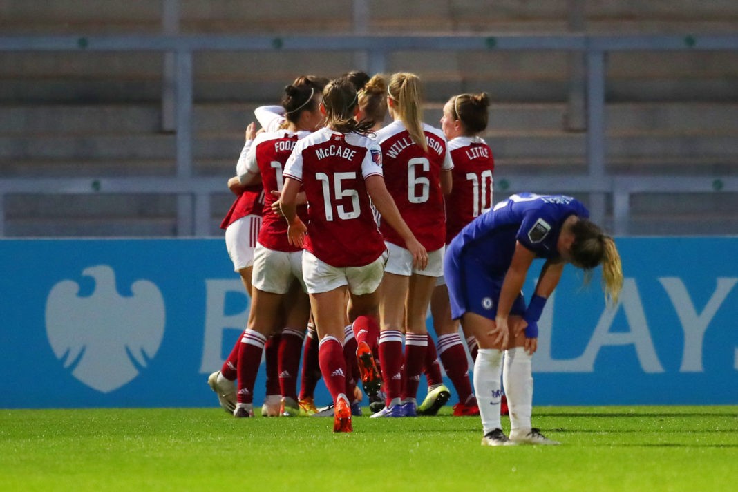 BOREHAMWOOD, ENGLAND - NOVEMBER 15: Beth Mead of Arsenal celebrates with teammates after scoring her team's first goal during the Barclays FA Women's Super League match between Arsenal Women and Chelsea Women at Meadow Park on November 15, 2020 in Borehamwood, England. Sporting stadiums around the UK remain under strict restrictions due to the Coronavirus Pandemic as Government social distancing laws prohibit fans inside venues resulting in games being played behind closed doors. (Photo by Catherine Ivill/Getty Images)