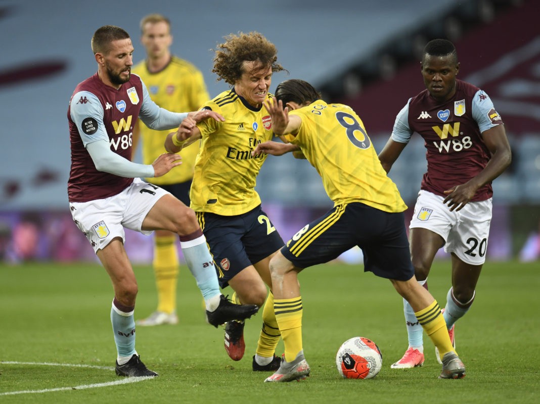BIRMINGHAM, ENGLAND - JULY 21: Conor Hourihane of Aston Villa battles for possession with David Luiz of Arsenal and Dani Ceballos of Arsenal during the Premier League match between Aston Villa and Arsenal FC at Villa Park on July 21, 2020 in Birmingham, England. Football Stadiums around Europe remain empty due to the Coronavirus Pandemic as Government social distancing laws prohibit fans inside venues resulting in all fixtures being played behind closed doors. (Photo by Peter Powell/Pool via Getty Images)