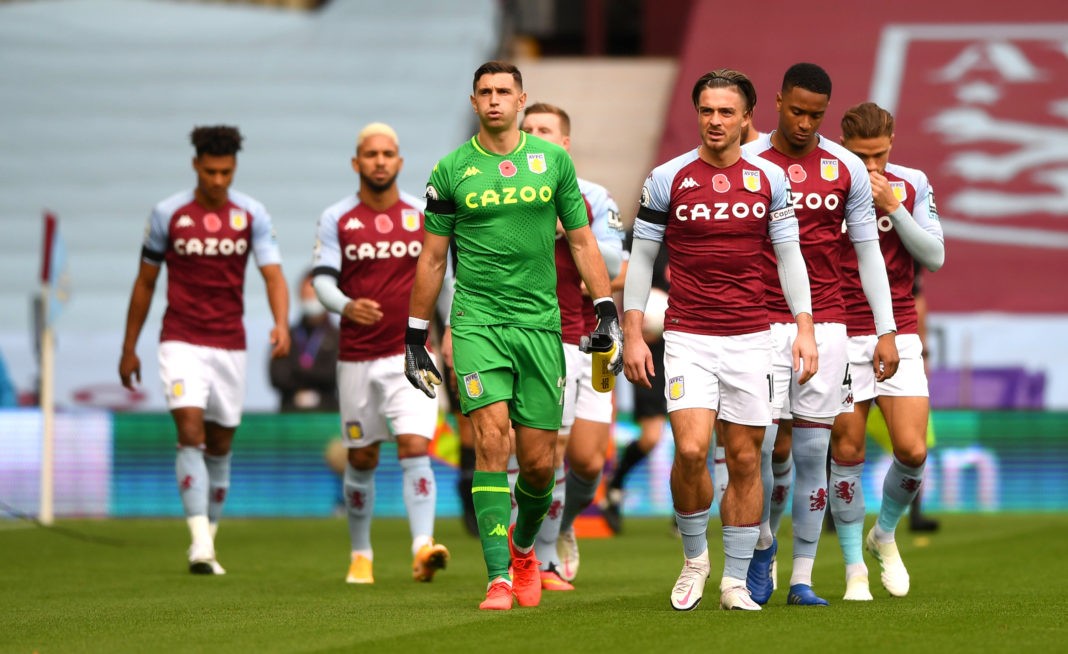 BIRMINGHAM, ENGLAND - NOVEMBER 01: Jack Grealish of Aston Villa leads his team out prior to the Premier League match between Aston Villa and Southampton at Villa Park on November 01, 2020 in Birmingham, England. Sporting stadiums around the UK remain under strict restrictions due to the Coronavirus Pandemic as Government social distancing laws prohibit fans inside venues resulting in games being played behind closed doors. (Photo by Gareth Copley/Getty Images)