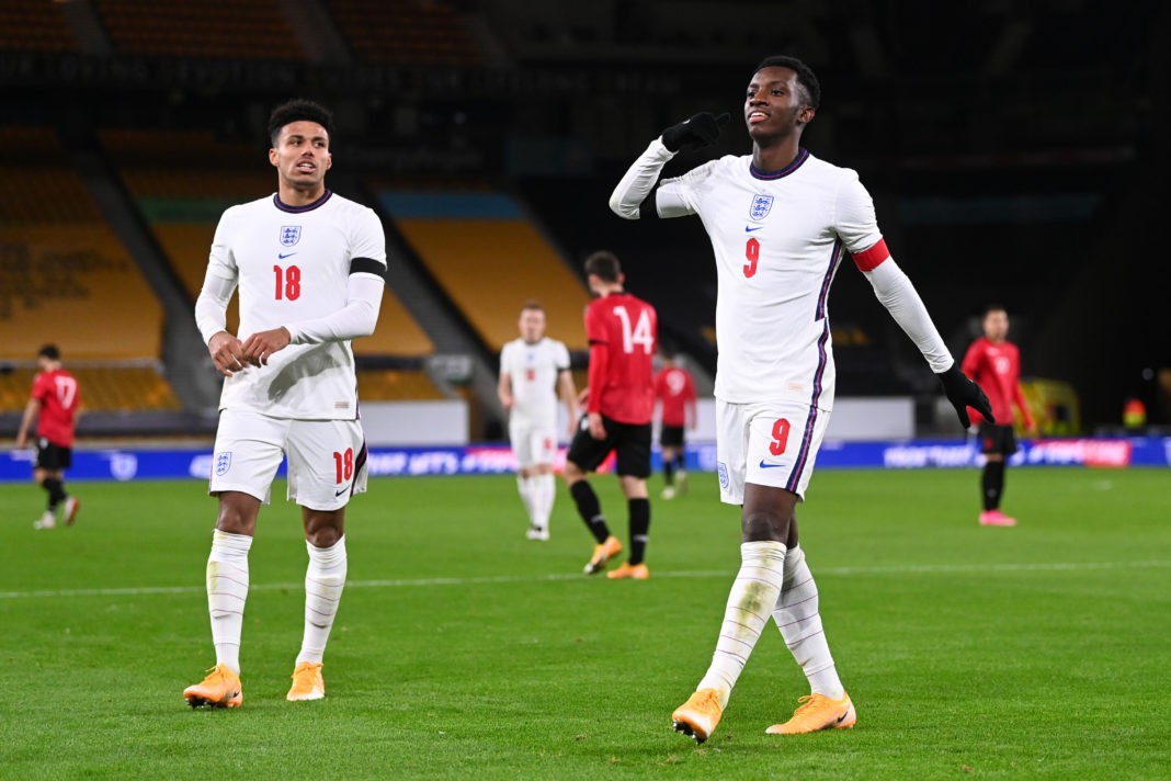 WOLVERHAMPTON, ENGLAND: Eddie Nketiah of England celebrates with teammate James Justin after scoring their team's fourth goal during the UEFA Euro Under 21 Qualifier match between England U21 and Albania U21 at Molineux on November 17, 2020. (Photo by Laurence Griffiths/Getty Images)
