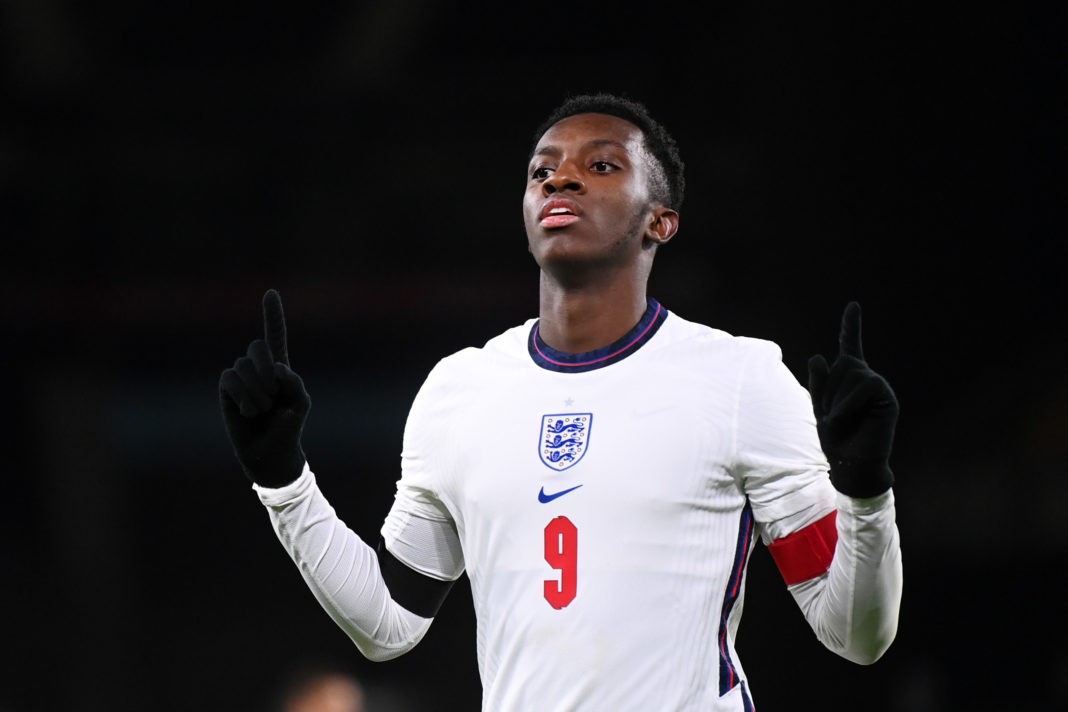 WOLVERHAMPTON, ENGLAND: Eddie Nketiah of England celebrates after scoring their team's fourth goal during the UEFA Euro Under 21 Qualifier match between England U21 and Albania U21 at Molineux on November 17, 2020. (Photo by Laurence Griffiths/Getty Images)