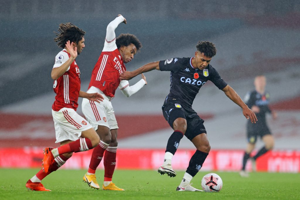 Aston Villa's English striker Ollie Watkins (R) holds off a challenge from Arsenal's Brazilian midfielder Willian (C) during the English Premier League football match between Arsenal and Aston Villa at the Emirates Stadium in London on November 8, 2020. (Photo by RICHARD HEATHCOTE/POOL/AFP via Getty Images)
