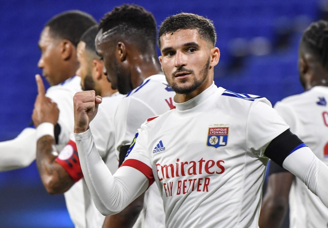 Lyon's forward Houssem Aouar celebrates after scoring a goal from the penalty-kick during the French L1 football match between Olympique Lyonnais (OL) and AS Monaco at the Groupama stadium in Decines-Charpieu, near Lyon, south-eastern France, on October 25, 2020. (Photo by PHILIPPE DESMAZES / AFP)
