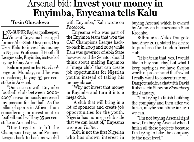 Orji Uzor Kalou wants to buy 35% of Arsenal - The Punch, Nigeria, 20 November 2020