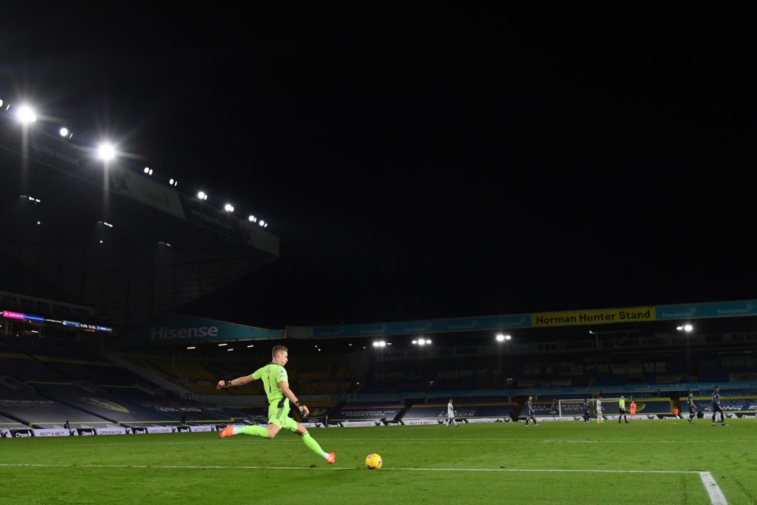 LEEDS, ENGLAND: Bernd Leno of Arsenal in action during the Premier League match between Leeds United and Arsenal at Elland Road on November 22, 2020. (Photo by Michael Regan/Getty Images)