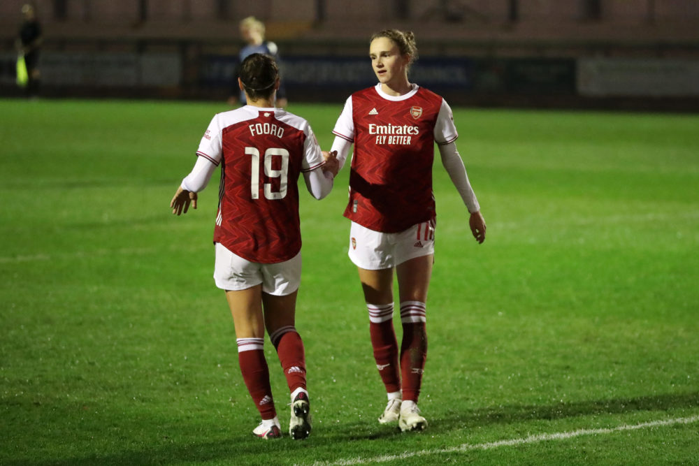 DARTFORD, ENGLAND - NOVEMBER 04: Vivanne Miedema of Arsenal FC celebrates after scoring his team's third goal during the FA Women's Continental League Cup Group B match between London City Lionesses and Arsenal FC at Princes Park on November 04, 2020 in Dartford, England. Sporting stadiums around United Kingdom remain under strict restrictions due to the Coronavirus Pandemic as Government social distancing laws prohibit fans inside venues resulting in games being played behind closed doors. (Photo by James Chance/Getty Images)