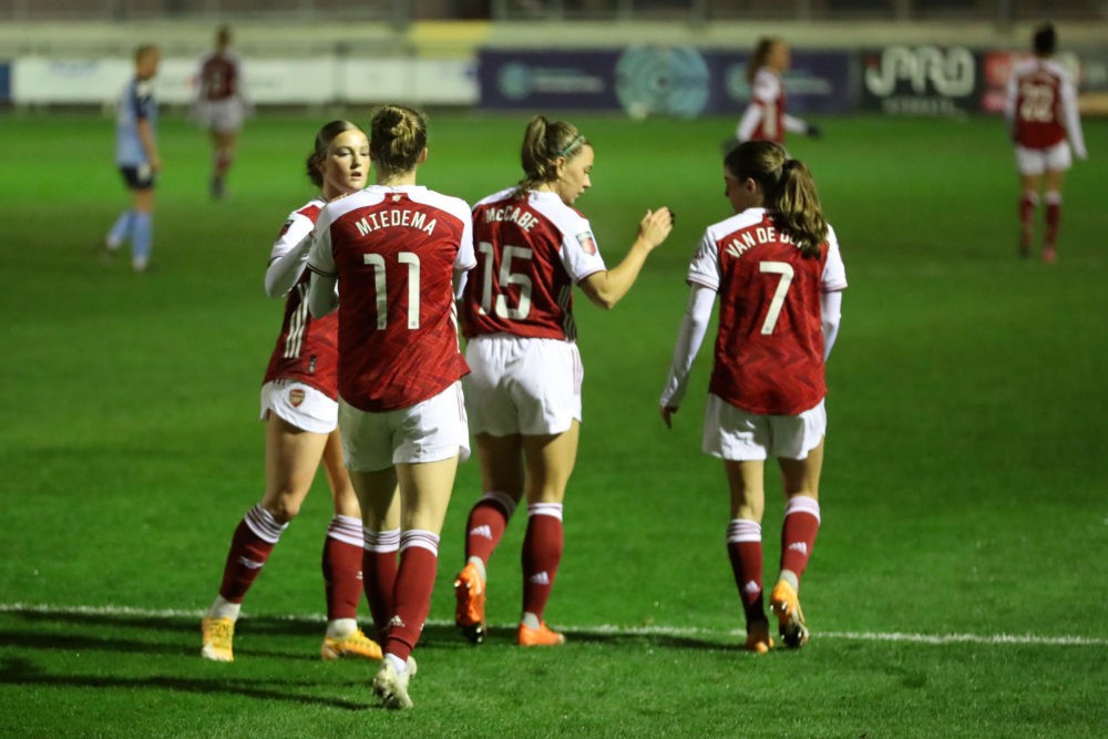 DARTFORD, ENGLAND - NOVEMBER 04: Vivianne Miedema of Arsenal celebrates with her team mates after scoring her sides fourth goal during the FA Women's Continental League Cup Group B match between London City Lionesses and Arsenal FC at Princes Park on November 04, 2020 in Dartford, England. Sporting stadiums around United Kingdom remain under strict restrictions due to the Coronavirus Pandemic as Government social distancing laws prohibit fans inside venues resulting in games being played behind closed doors. (Photo by James Chance/Getty Images)