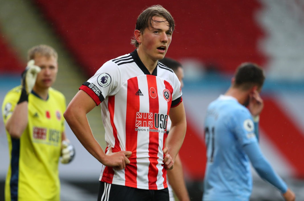 SHEFFIELD, ENGLAND: A poppy is seen on the shirt of Sander Berge of Sheffield United during the Premier League match between Sheffield United and Manchester City at Bramall Lane on October 31, 2020. (Photo by Catherine Ivill/Getty Images)