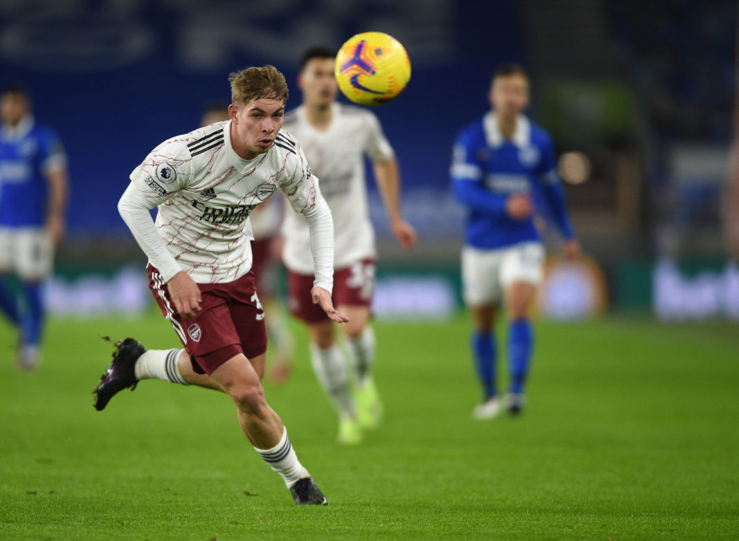 Arsenal's Emile Smith Rowe during the Premier League match at the American Express Community Stadium, Brighton and Hove. Copyright: Daniel Hambury