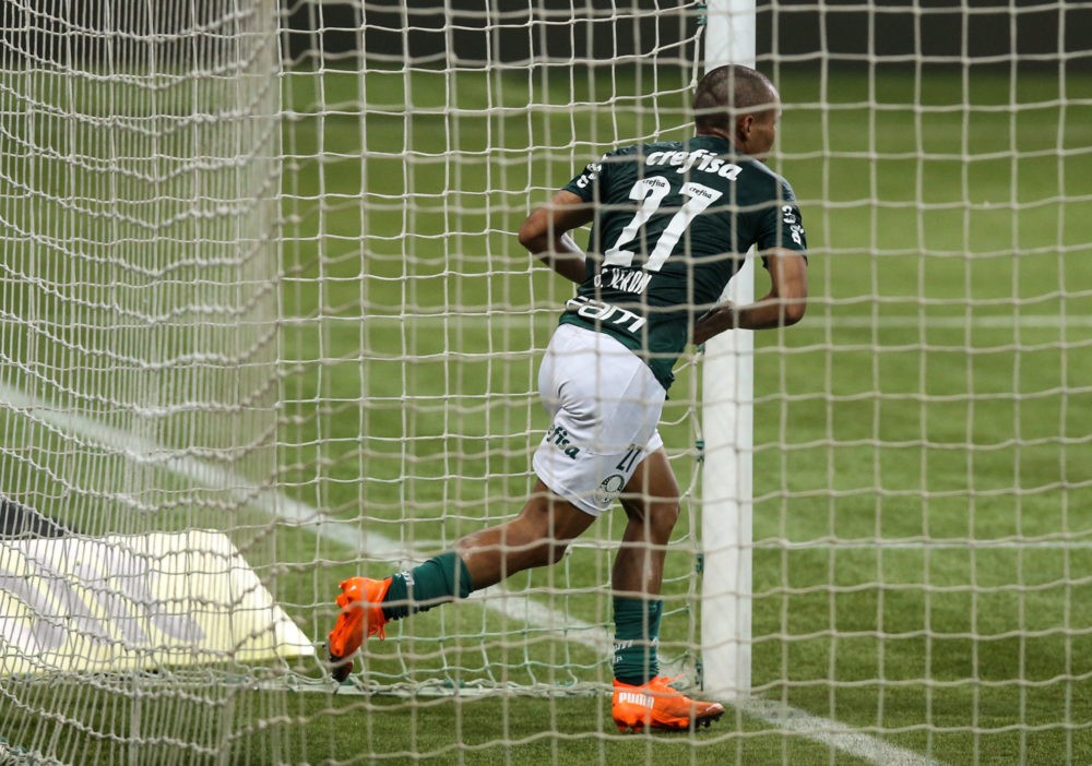 SAO PAULO, BRAZIL - OCTOBER 14: Gabriel Veron of Palmeiras celebrates after scoring the first goal of his team during the match against Coritiba as part of Brasileirao Series A 2020 at Allianz Parque on October 14, 2020 in Sao Paulo, Brazil. (Photo by Alexandre Schneider/Getty Images)
