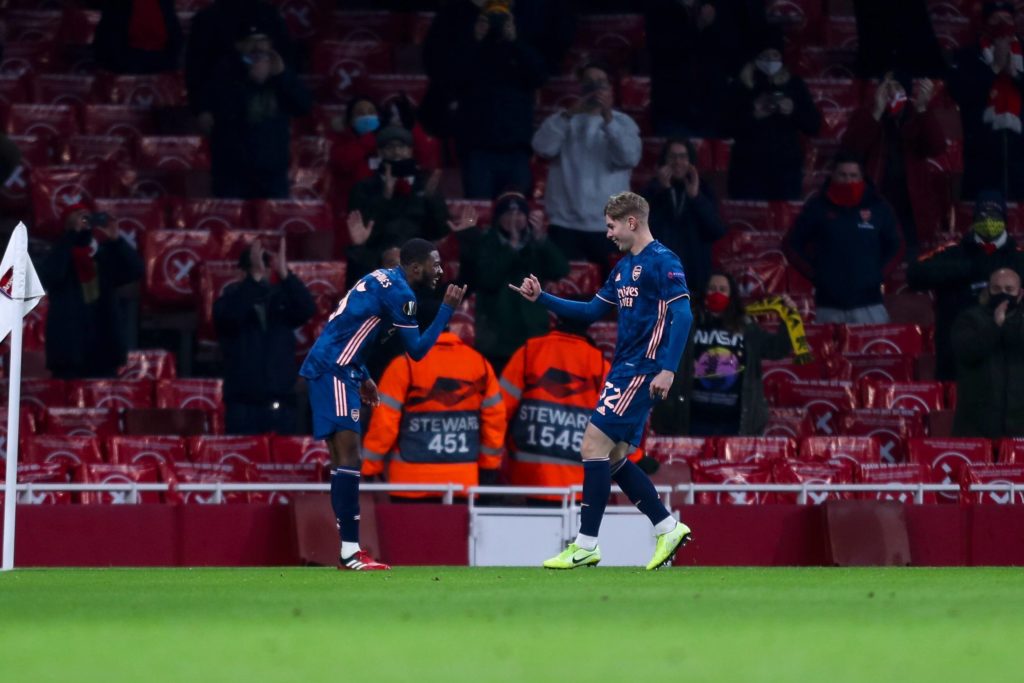 Arsenal vs Rapid, 3rd December, 2020. Ainsley Maitland Niles and Emilie Smith Rowe of Arsenal. Photo by Philipp Brem