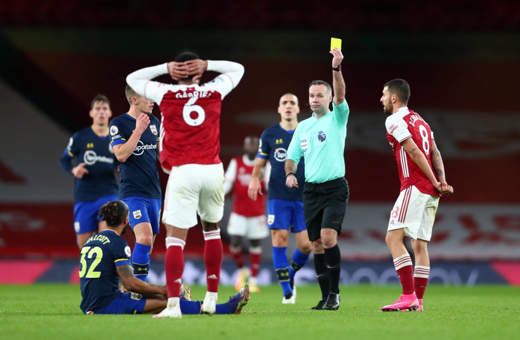 Arsenal v Southampton - Premier League - Emirates Stadium Arsenal s Gabriel Magalhaes is shown a second yellow card by Referee Paul Tierney during the Premier League match at the Emirates Stadium, London. Copyright: Clive Rose