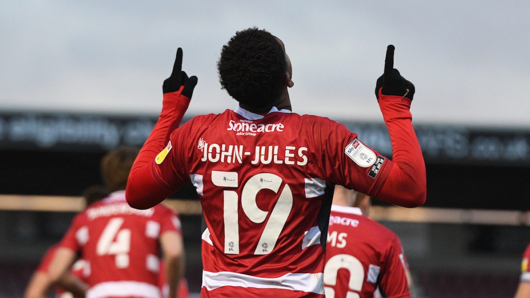 Tyreece John-Jules celebrates scoring for Doncaster Rovers (Photo via Doncaster Rovers FC on Twitter)