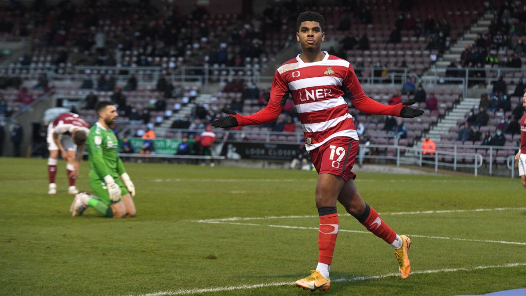Tyreece John-Jules celebrates scoring for Doncaster Rovers (Photo via Doncaster Rovers FC on Twitter)