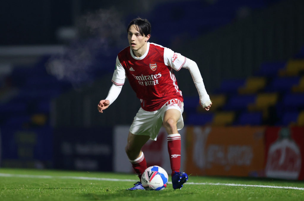 WIMBLEDON, ENGLAND: Joel Lopez Salguero of Arsenal FC runs with the ball during the Papa John's Trophy Second Round match between AFC Wimbledon and Arsenal U21 at Plough Lane on December 08, 2020. (Photo by James Chance/Getty Images)