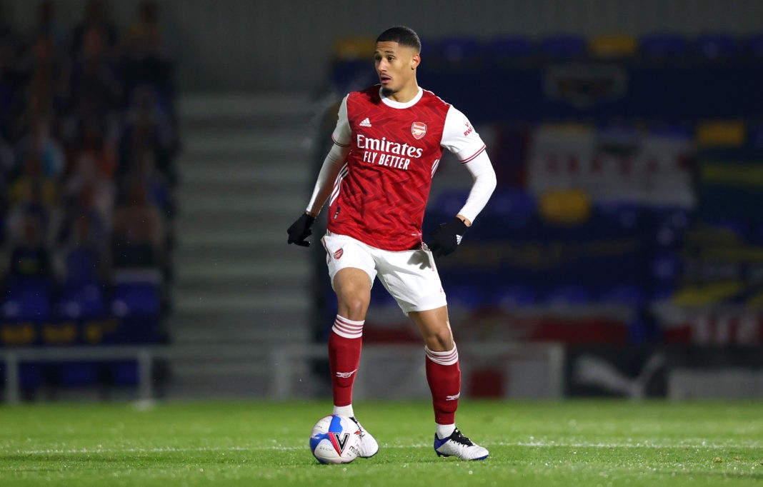 WIMBLEDON, ENGLAND: William Saliba of Arsenal in action during the Papa John's Trophy Second Round match between AFC Wimbledon and Arsenal U21 at Plough Lane on December 08, 2020. (Photo by James Chance/Getty Images)