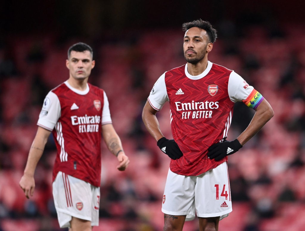 LONDON, ENGLAND - DECEMBER 13: Pierre-Emerick Aubameyang and Granit Xhaka of Arsenal look on during the Premier League match between Arsenal and Burnley at Emirates Stadium on December 13, 2020 in London, England. A limited number of spectators (2000) are welcomed back to stadiums to watch elite football across England. This was following easing of restrictions on spectators in tiers one and two areas only. (Photo by Laurence Griffiths/Getty Images)