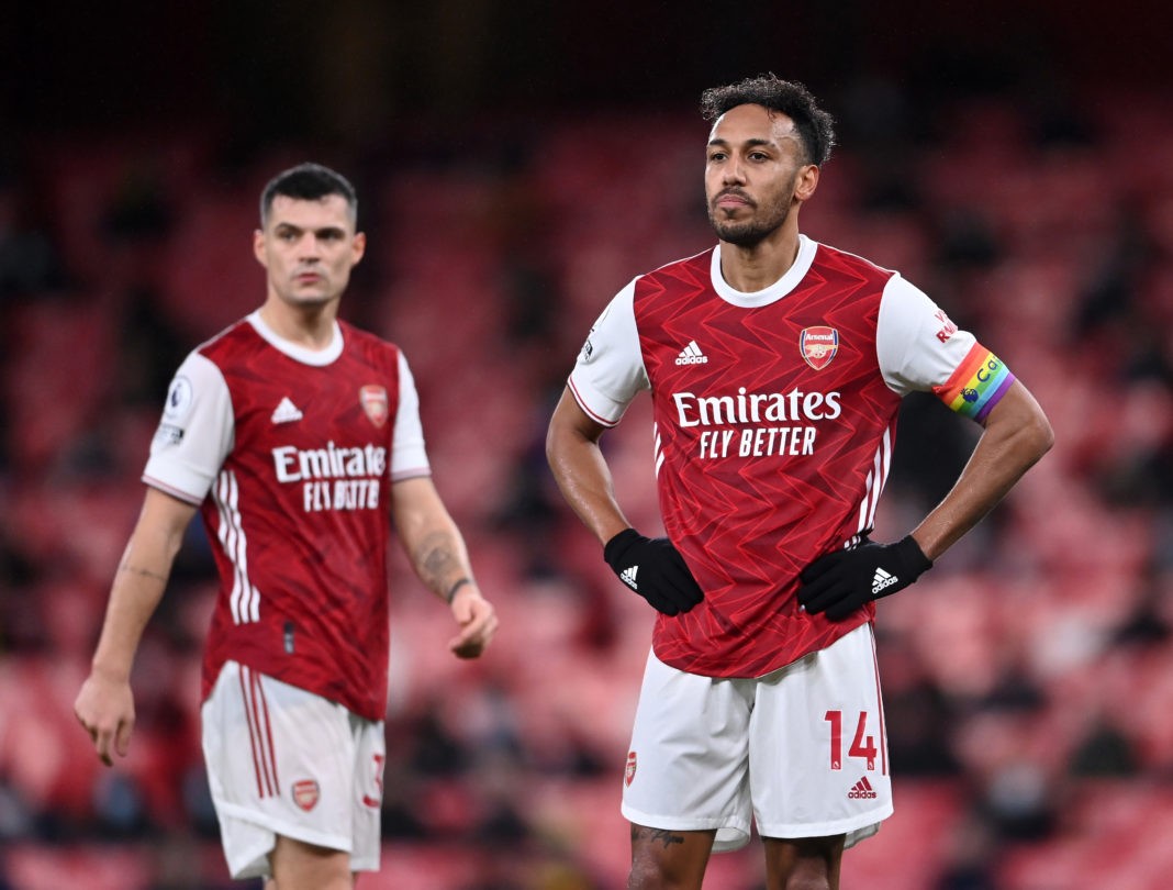 LONDON, ENGLAND - DECEMBER 13: Pierre-Emerick Aubameyang and Granit Xhaka of Arsenal look on during the Premier League match between Arsenal and Burnley at Emirates Stadium on December 13, 2020 in London, England. (Photo by Laurence Griffiths/Getty Images)