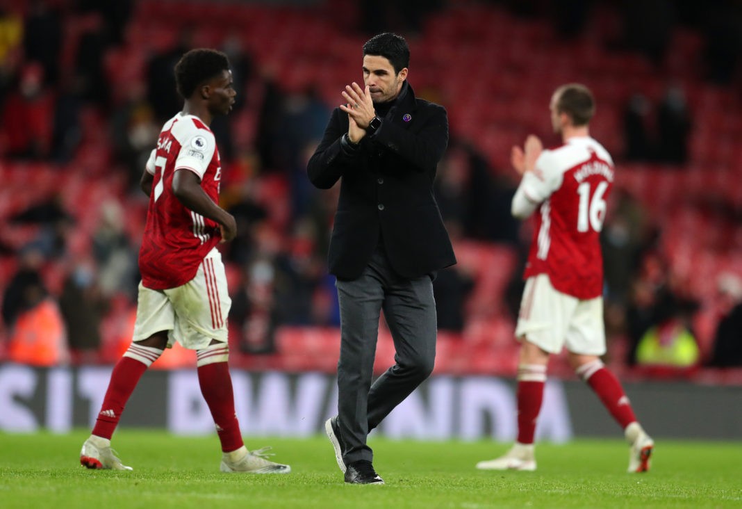 LONDON, ENGLAND - DECEMBER 13: Mikel Arteta, Manager of Arsenal acknowledges the fans following the Premier League match between Arsenal and Burnley at Emirates Stadium on December 13, 2020 in London, England. A limited number of spectators (2000) are welcomed back to stadiums to watch elite football across England. This was following easing of restrictions on spectators in tiers one and two areas only. (Photo by Catherine Ivill/Getty Images )