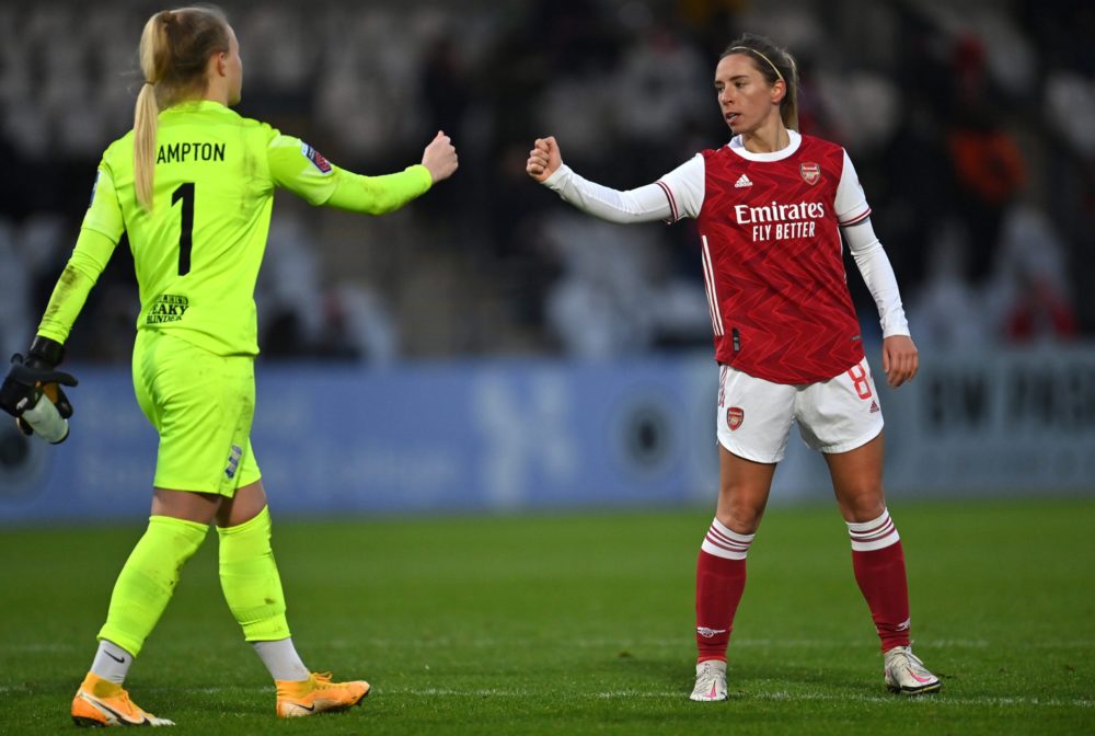 BOREHAMWOOD, ENGLAND - DECEMBER 06:  Jordan Nobbs of Arsenal bumps fist with Hannah Hampton of Birmingham City after the Barclays FA Women's Super League match between Arsenal Women and Birmingham City Women at Meadow Park on December 06, 2020 in Borehamwood, England. A limited number of spectators (900) will be in attendance as Covid-19 pandemic restrictions are eased in Tier 2 areas. (Photo by Justin Setterfield/Getty Images)