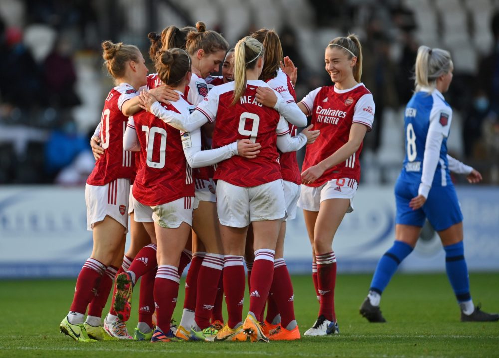 BOREHAMWOOD, ENGLAND - DECEMBER 06: Jill Roord of Arsenal FC (obscured) celebrates with teammates after scoring their sides second goal during the Barclays FA Women's Super League match between Arsenal Women and Birmingham City Women at Meadow Park on December 06, 2020 in Borehamwood, England. A limited number of spectators (900) will be in attendance as Covid-19 pandemic restrictions are eased in Tier 2 areas. (Photo by Justin Setterfield/Getty Images)