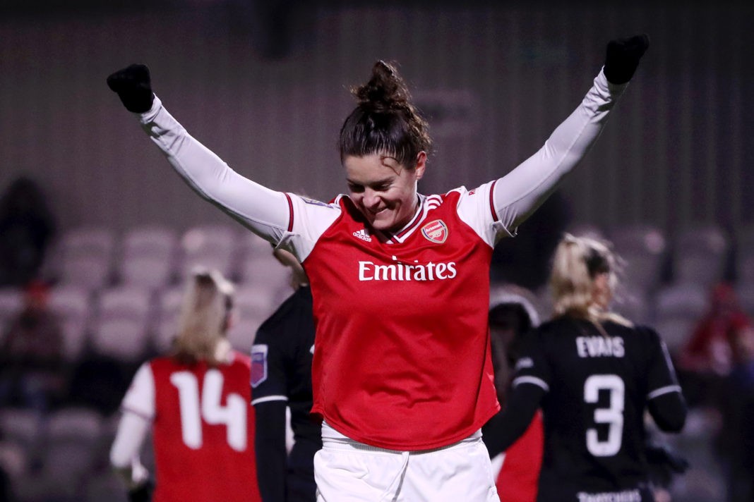 BOREHAMWOOD, ENGLAND - NOVEMBER 21: Jennifer Beattie of Arsenal Women celebrates after her teammate Vivianne Miedema of Arsenal Women (not pictured) scored their team's fourth goal during the FA Women's Continental League Cup game between Arsenal Women and Bristol City Women at Meadow Park on November 21, 2019 in Borehamwood, England. (Photo by Linnea Rheborg/Getty Images)