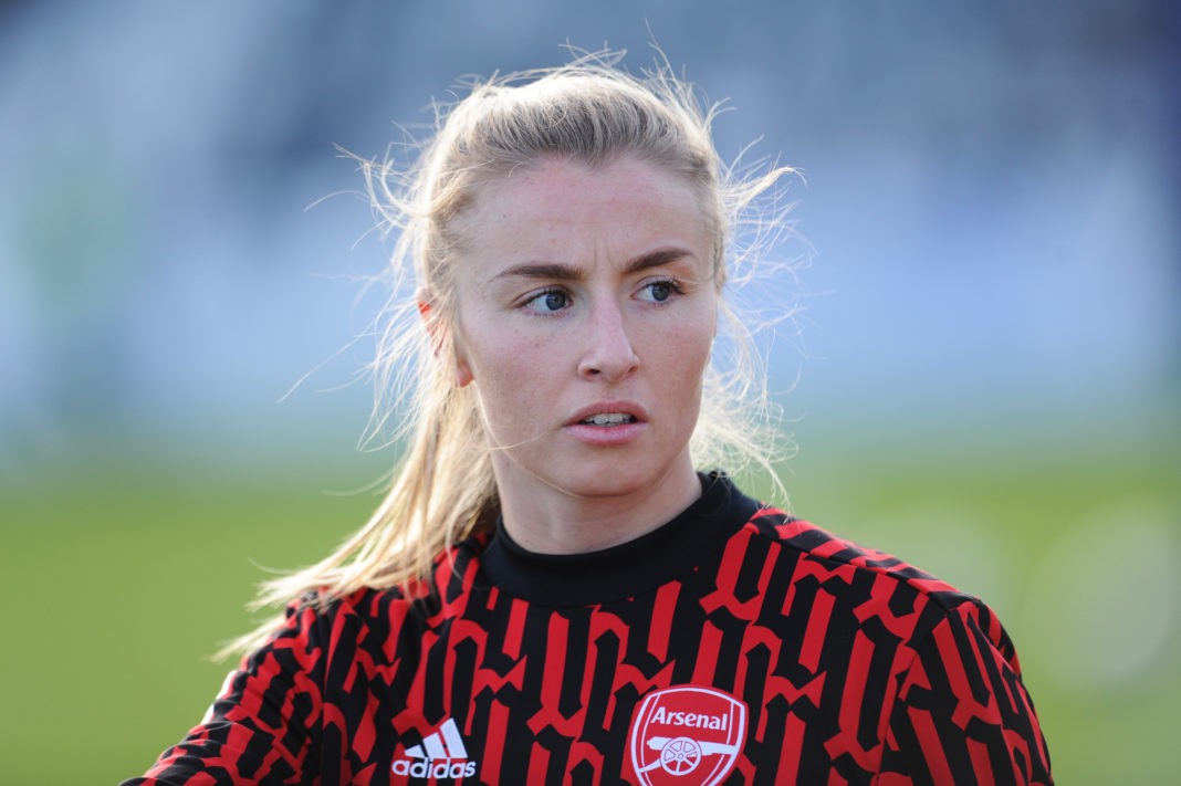 BOREHAMWOOD, ENGLAND - DECEMBER 20: Leah Williamson of Arsenal looks on as she warms up prior to the Barclays FA Women's Super League match between Arsenal Women and Everton Women at Meadow Park on December 20, 2020 in Borehamwood, England. The match will be played without fans, behind closed doors as a Covid-19 precaution. (Photo by Alex Burstow/Getty Images)