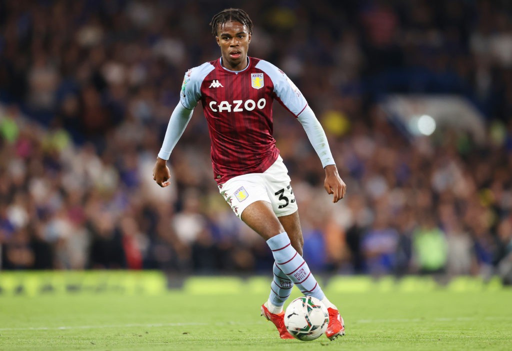 LONDON, ENGLAND - SEPTEMBER 22: Carney Chukwuemeka of Aston Villa runs with the ball during the Carabao Cup Third Round match between Chelsea and Aston Villa at Stamford Bridge on September 22, 2021 in London, England. (Photo by James Chance/Getty Images)