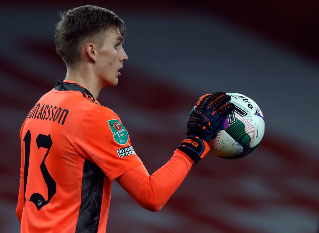 Arsenal's Icelandic goalkeeper Runar Alex Runarsson during the English League Cup quarter final football match between Arsenal and Manchester City at the Emirates Stadium, in London on December 22, 2020. (Photo by Adrian DENNIS / AFP)