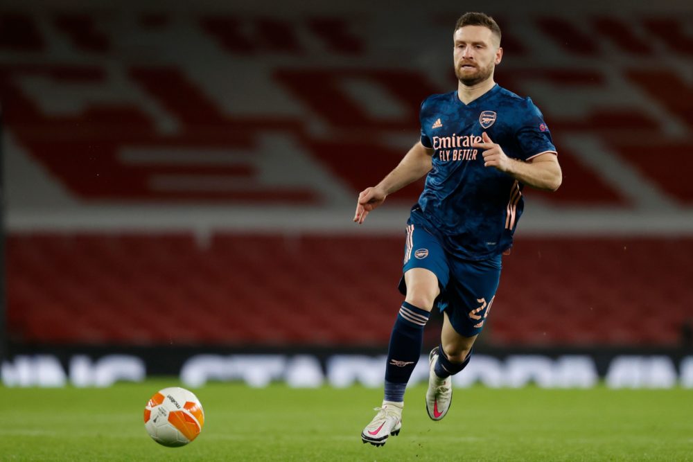Arsenal's German defender Shkodran Mustafi runs with the ball during the UEFA Europa League 1st Round Group B football match between Arsenal and Rapid Vienna at the Emirates Stadium in London on December 3, 2020. (Photo by ADRIAN DENNIS/AFP via Getty Images)