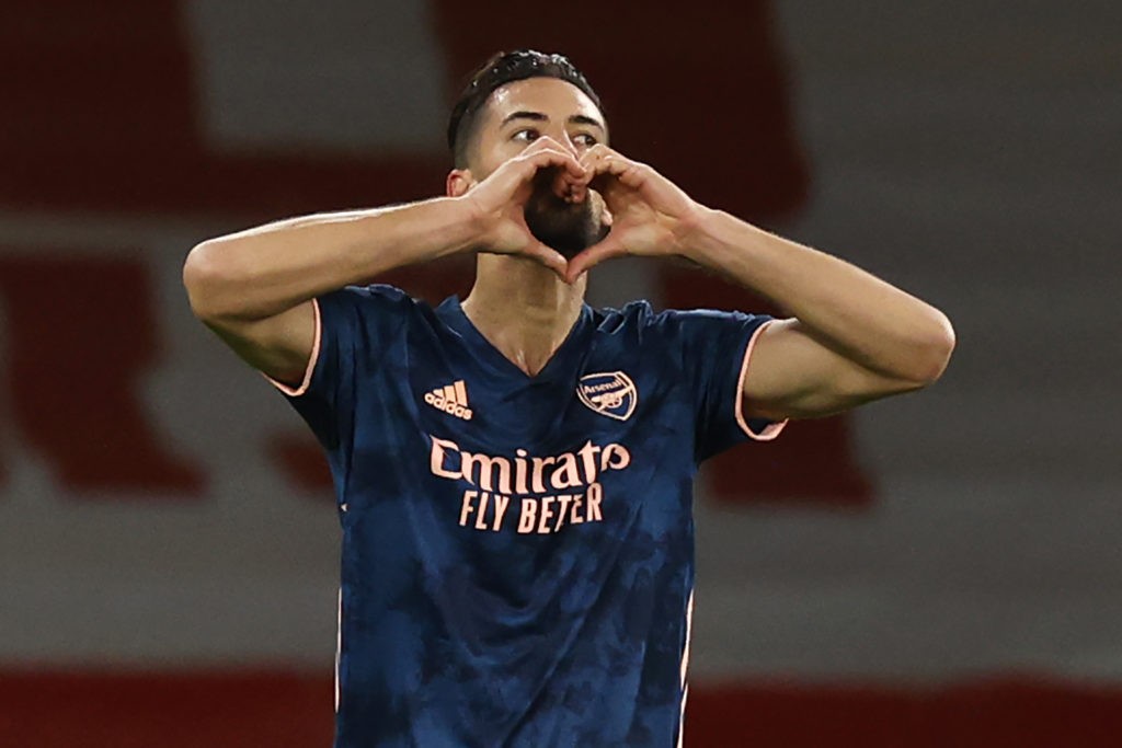 Arsenal's Spanish defender Pablo Mari celebrates scoring their second goal during the UEFA Europa League 1st Round Group B football match between Arsenal and Rapid Vienna at the Emirates Stadium in London on December 3, 2020. (Photo by Adrian DENNIS / AFP) (Photo by ADRIAN DENNIS/AFP via Getty Images)